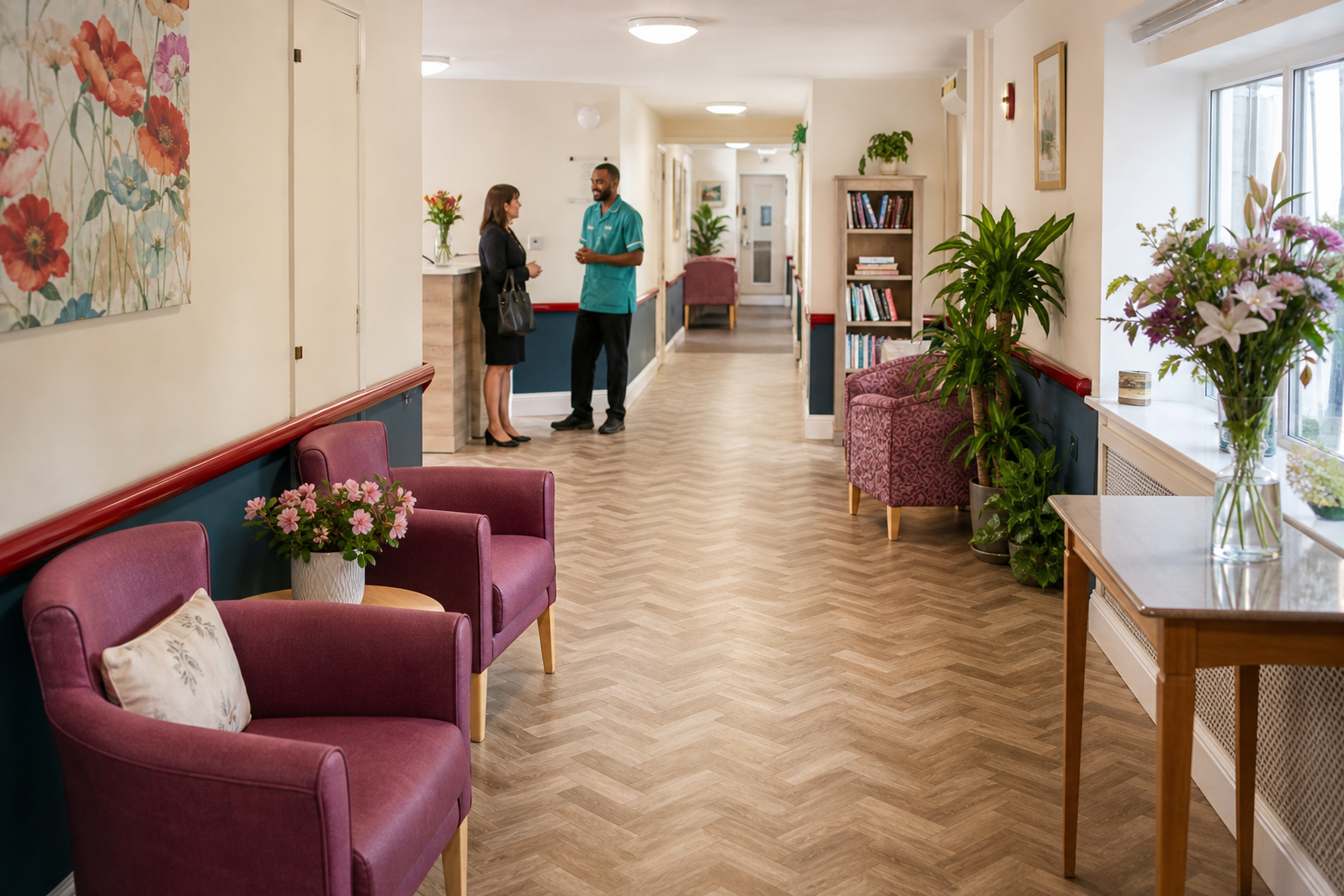 Warm reception area with soft seating